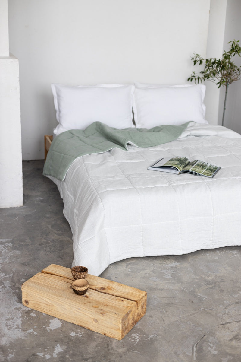 Sage quilted linen bedspread