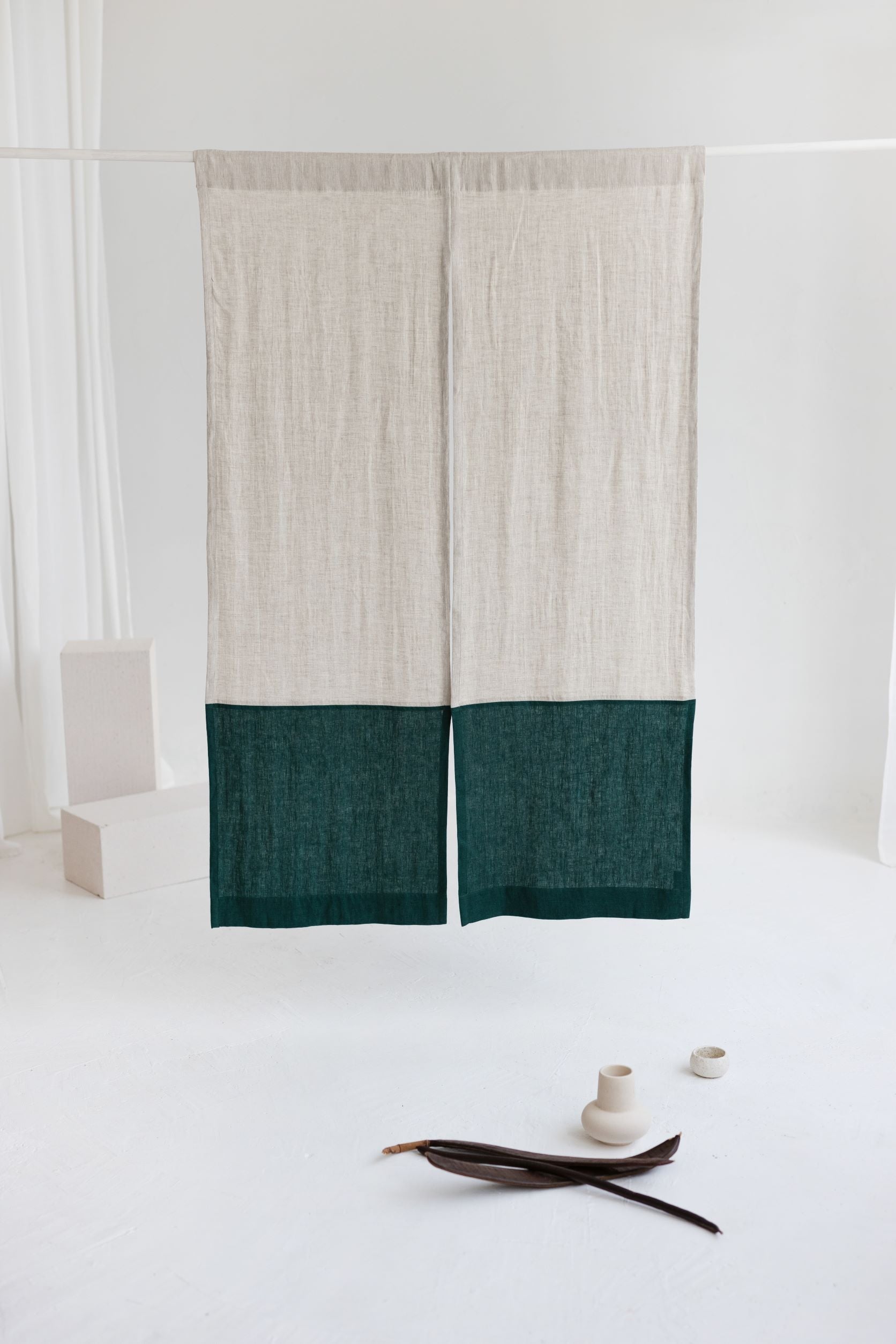 Color Block Natural Light Emerald Linen Japanese Noren Curtain