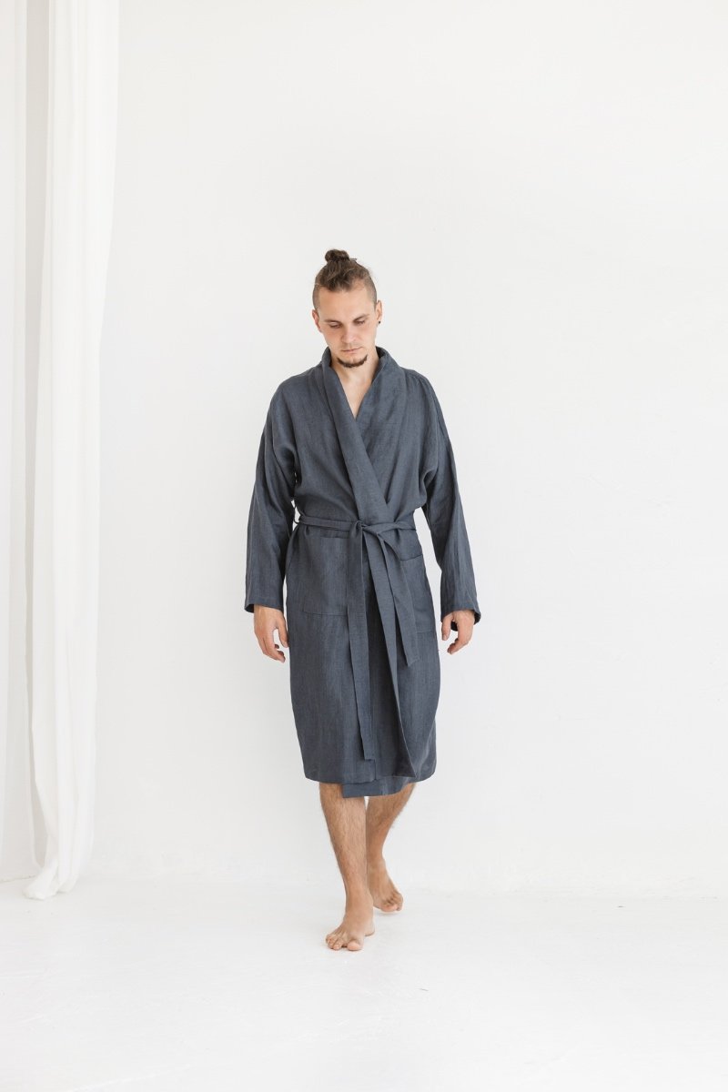 Coal Gray Linen Robe For Men