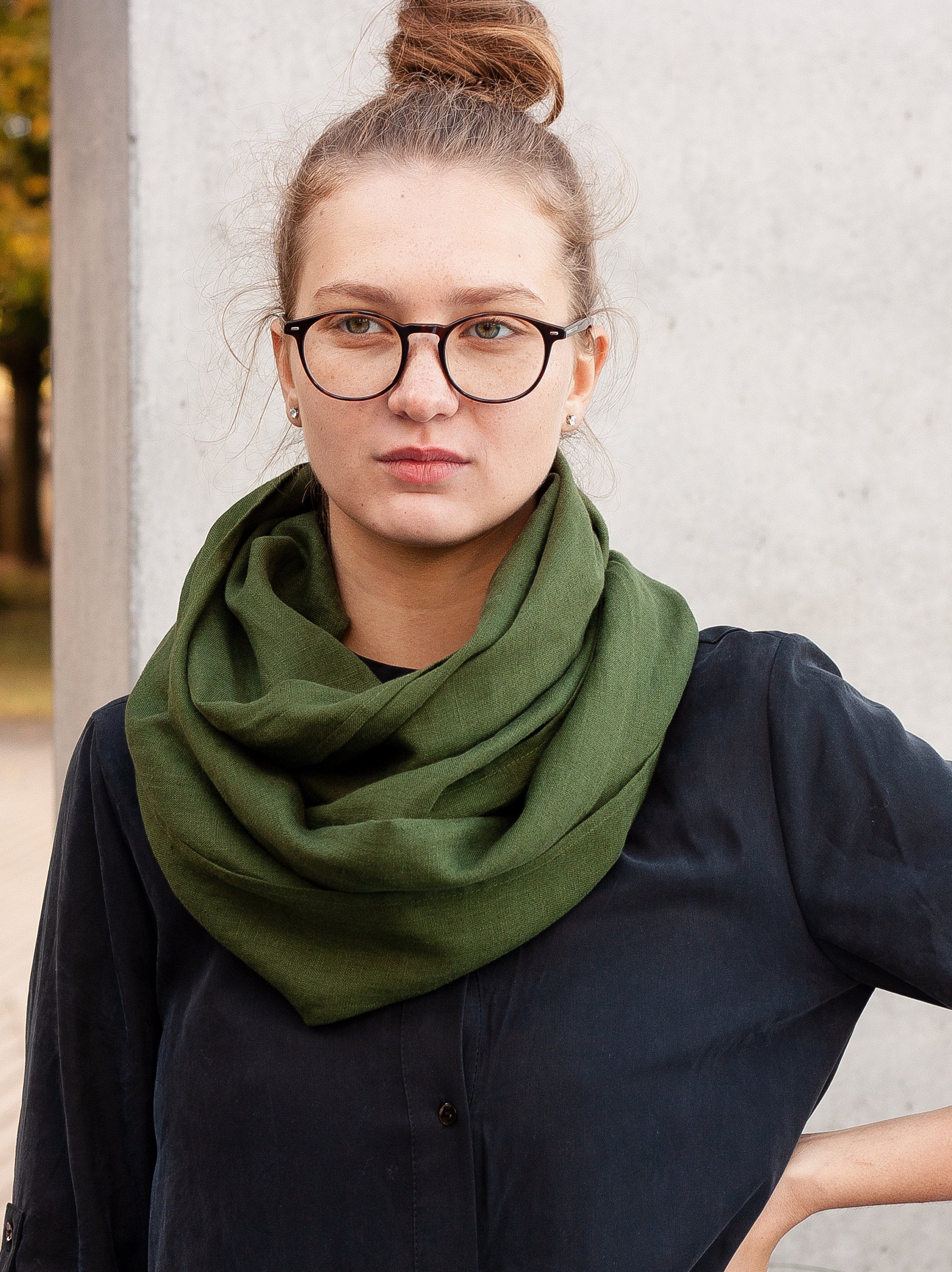 Dark Green Linen Scarf