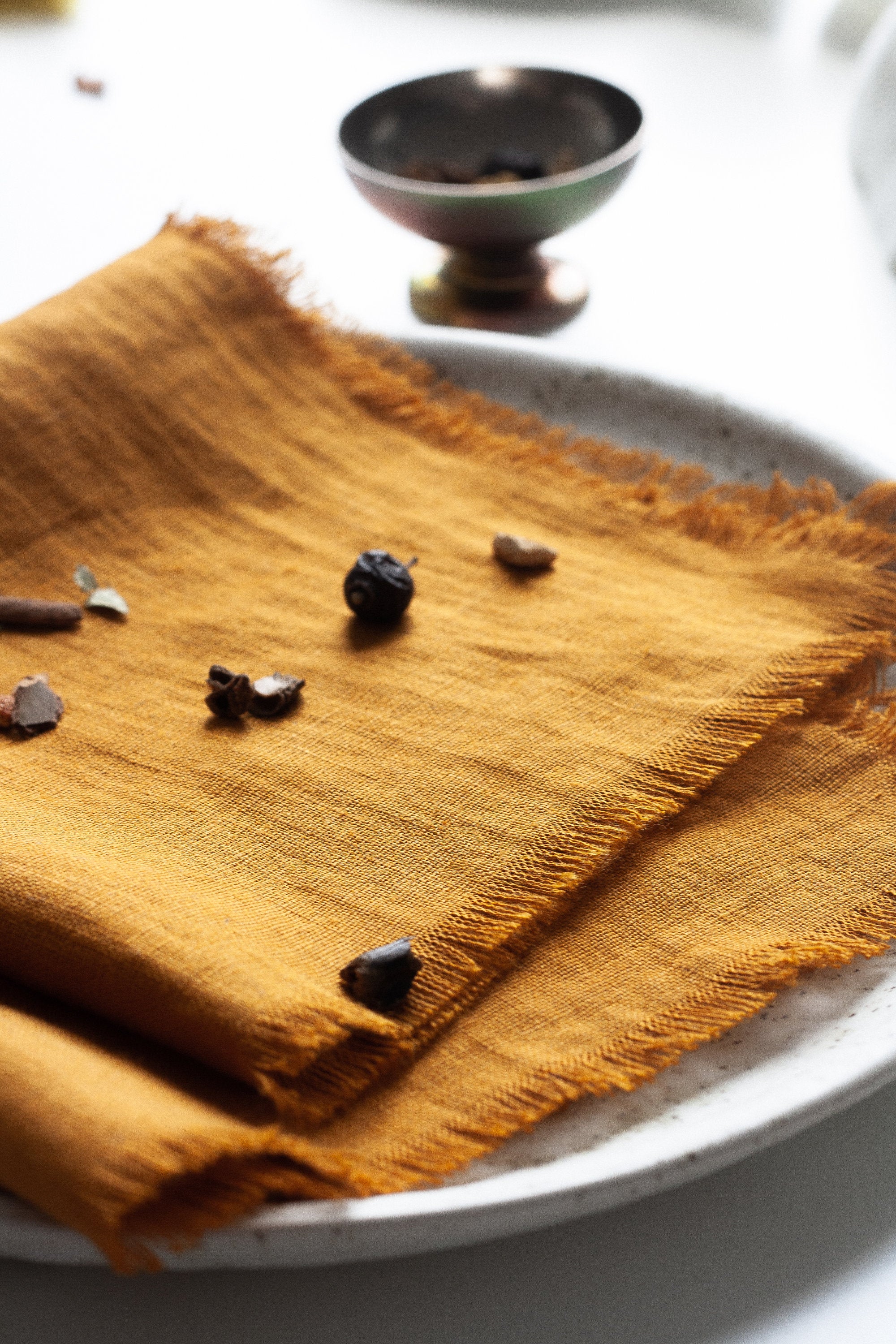 Mustard Fringed Linen Napkins Set Of 2