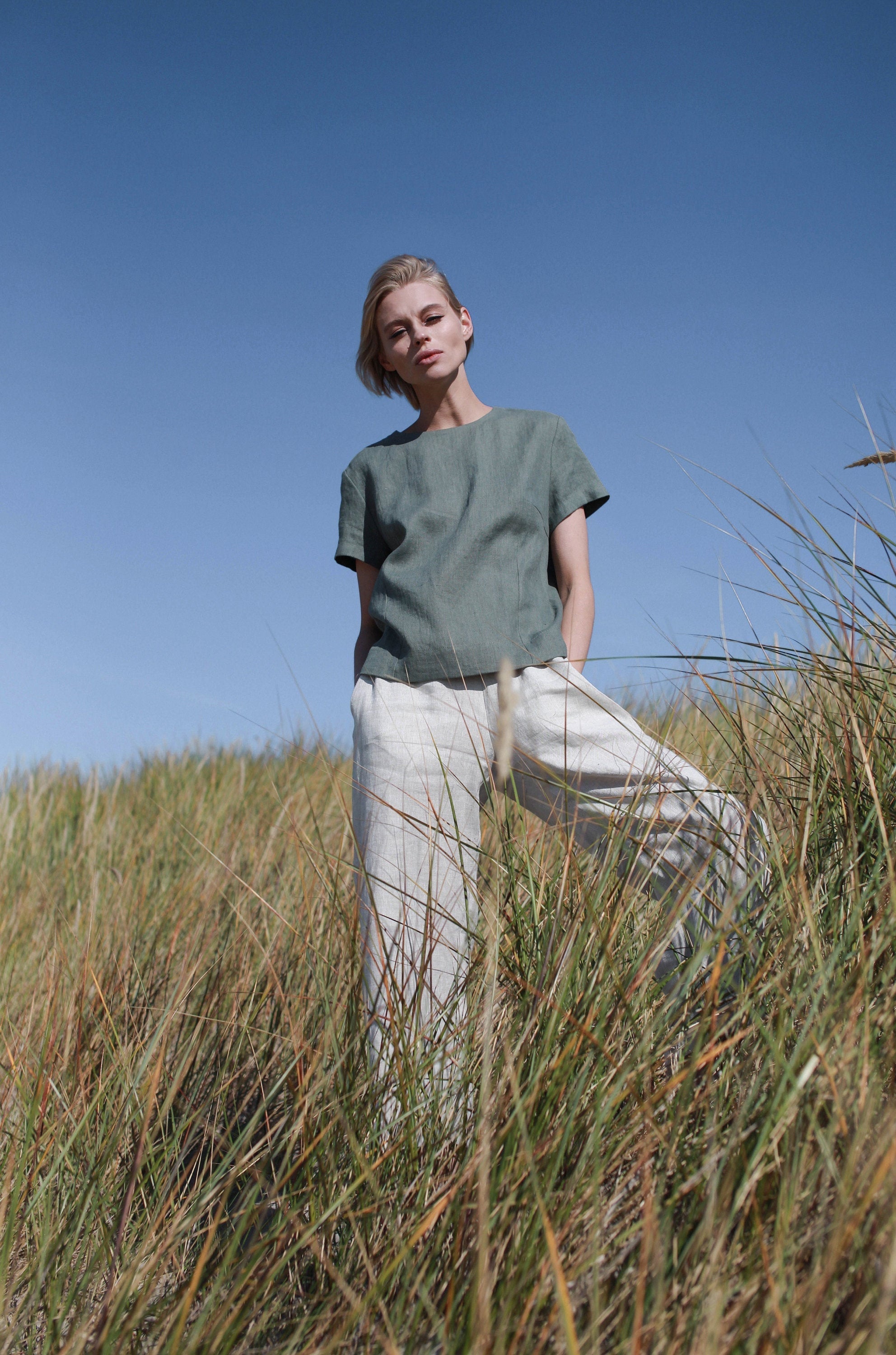 Sarafi Green Linen Top With Buttons