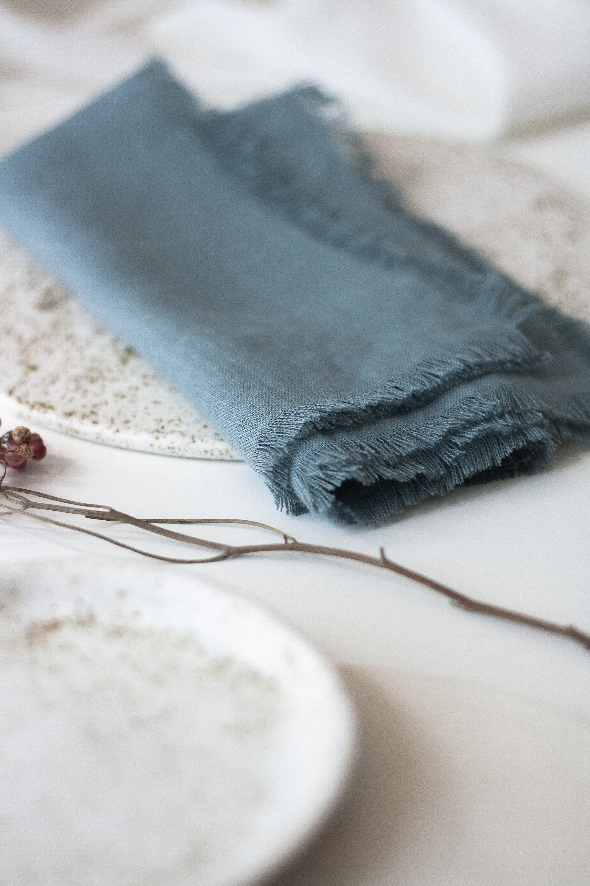 Dusty Aqua Linen Fringed Napkins Set Of 2