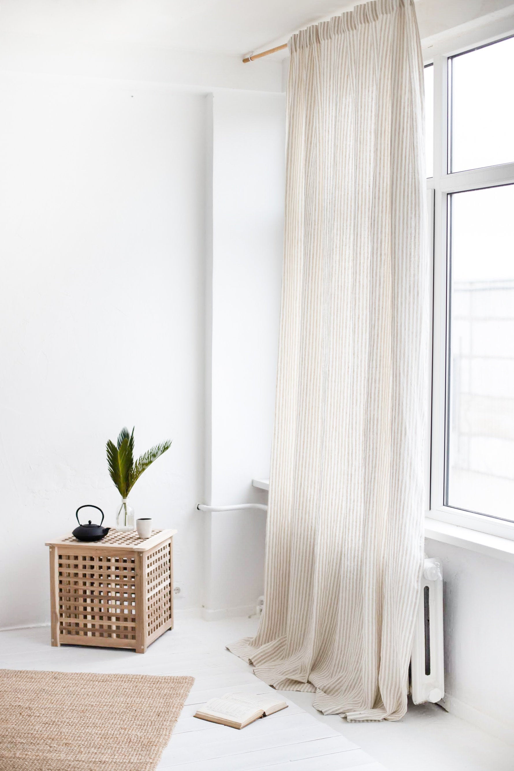 86.6"/220 Cm Width Natural Striped Linen Curtain