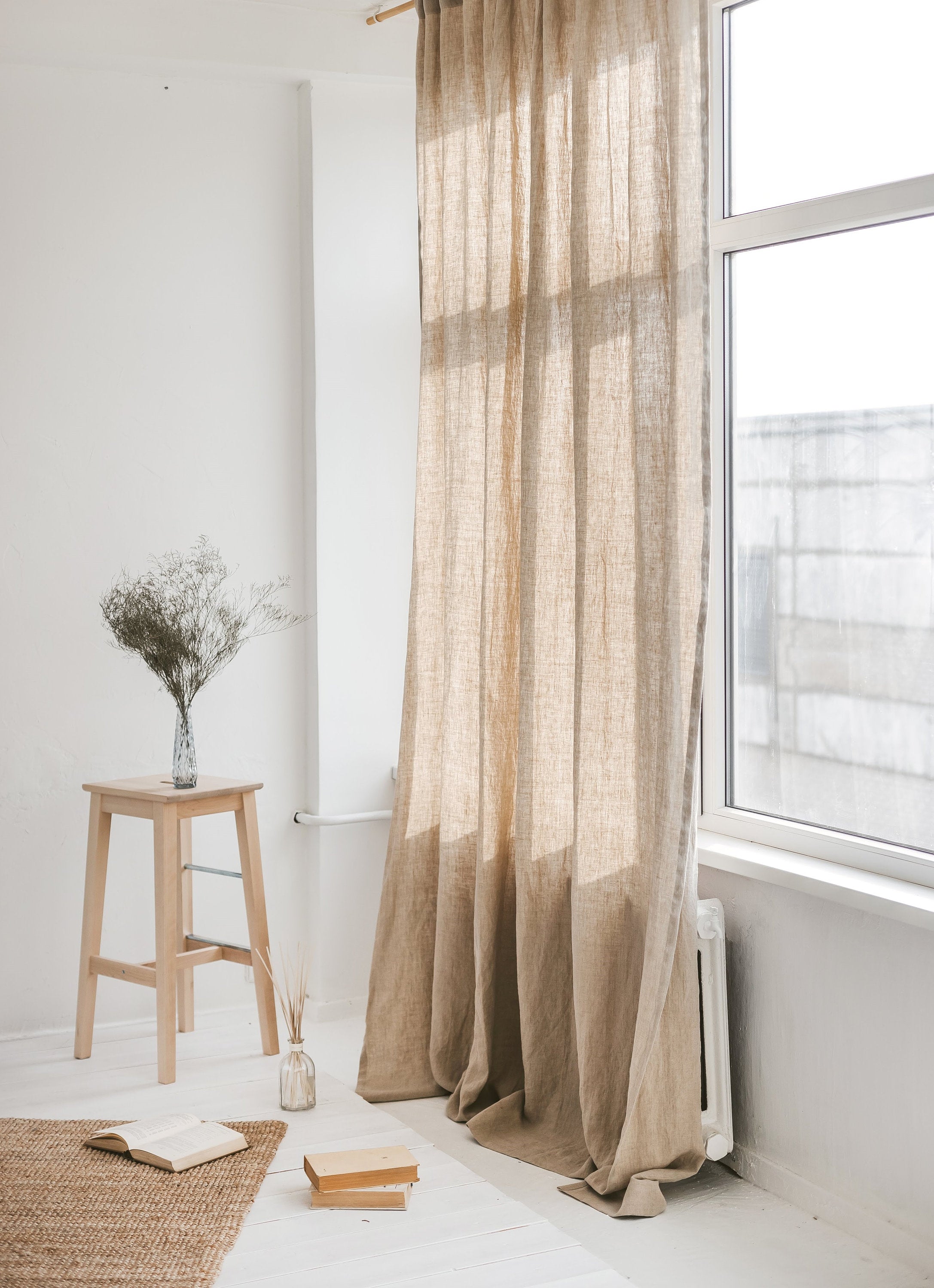 86.6"/220 Cm Width Natural Light Linen Curtains With Tabs