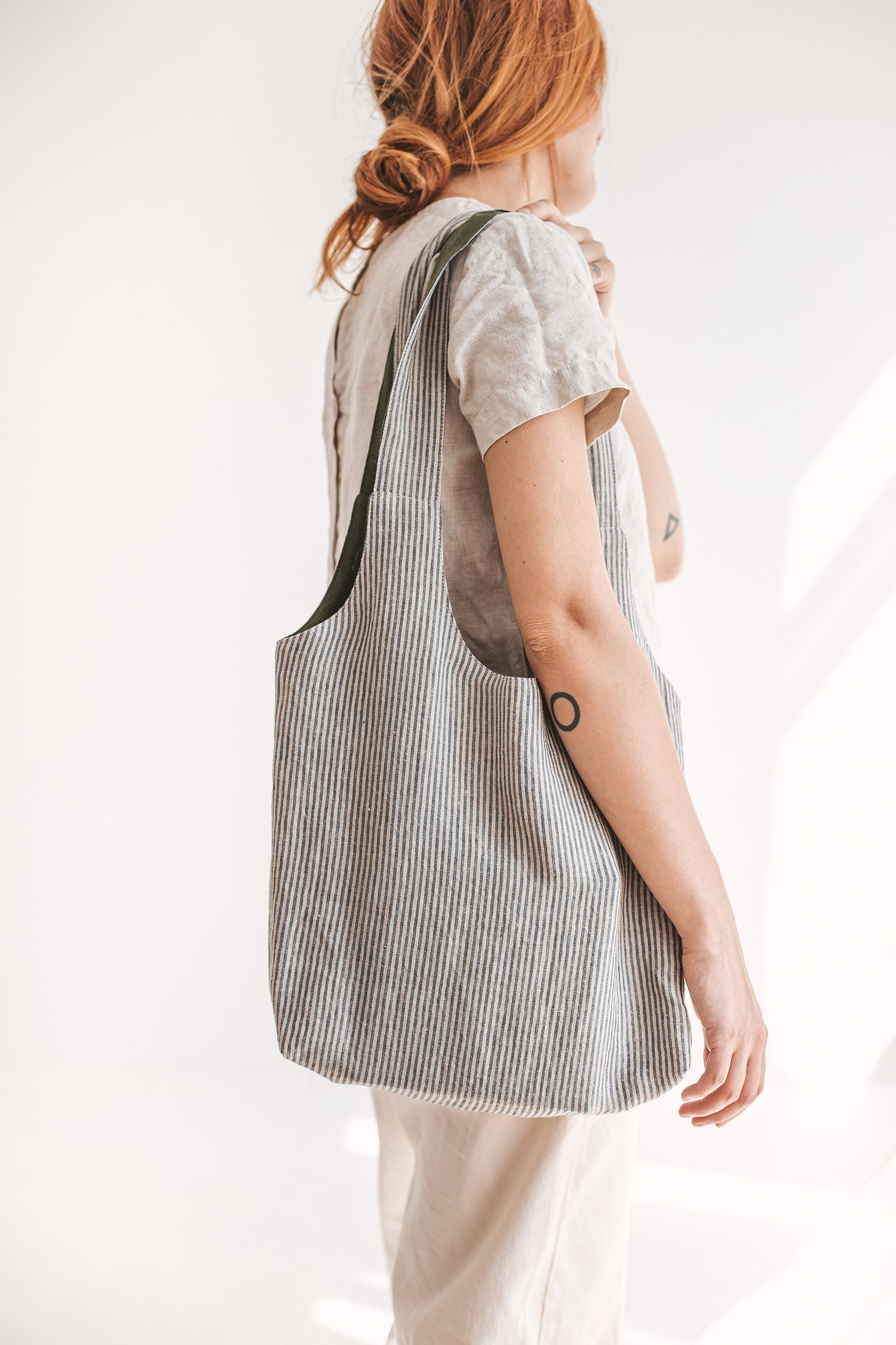 Dark Green Reversible Linen Tote Bag