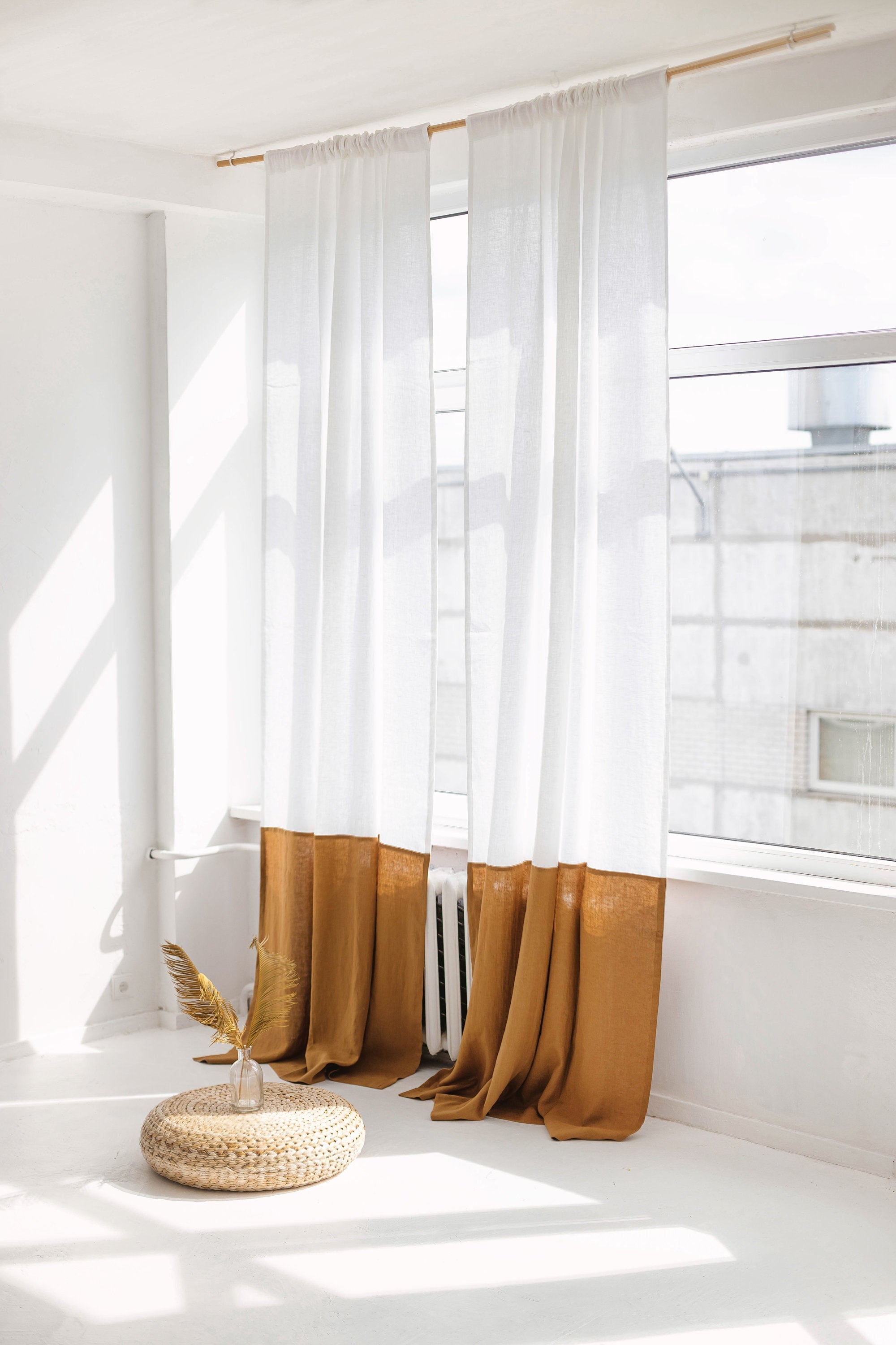 White And Rusty Color Block Linen Curtain