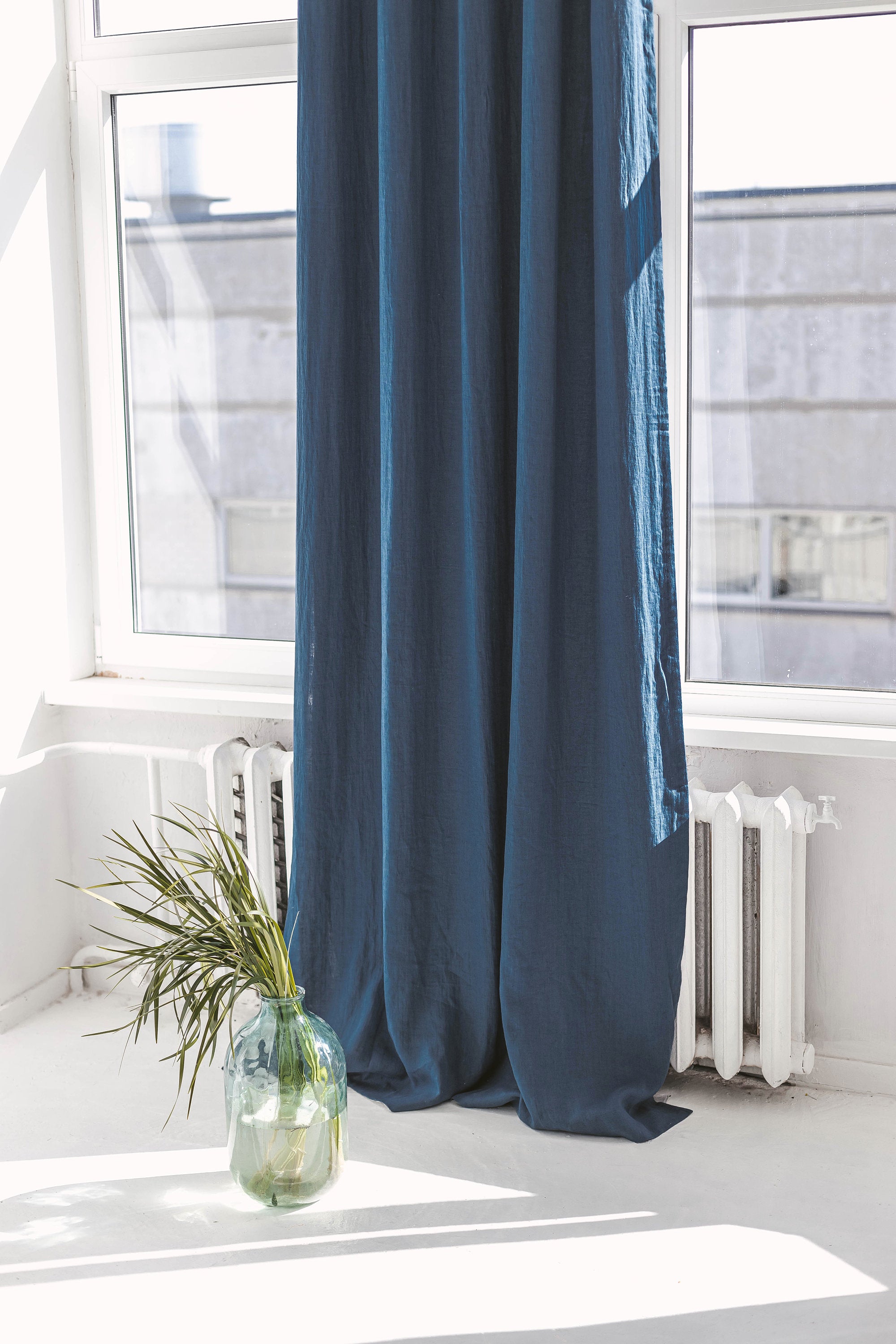 55"/140 Cm Width Harbour Blue Linen Curtain With Grommets And Blackout Lining
