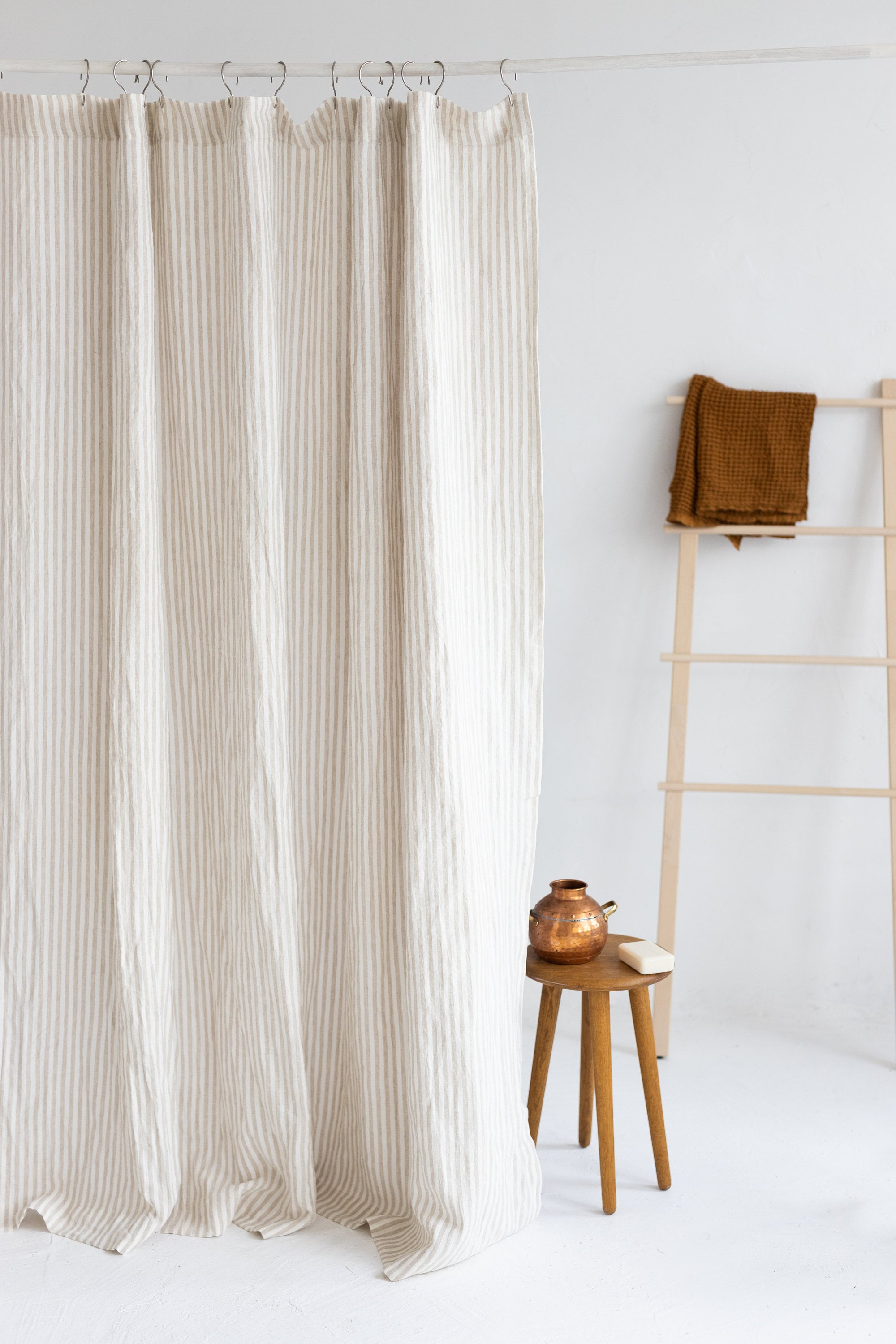 Waterproof Natural Striped Linen Shower Curtain 78"/200CM WIDTH