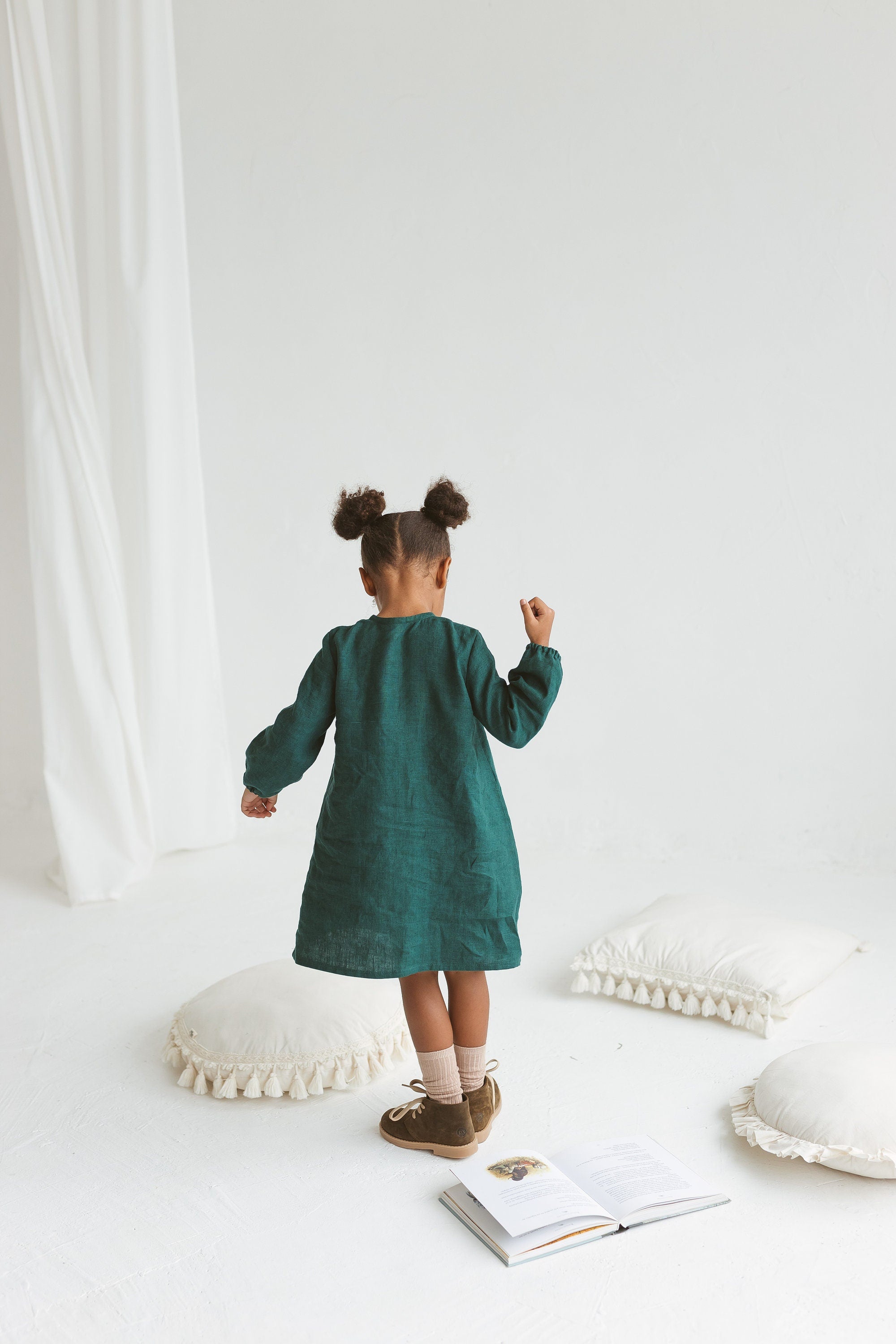 Emerald Linen Girls Dress