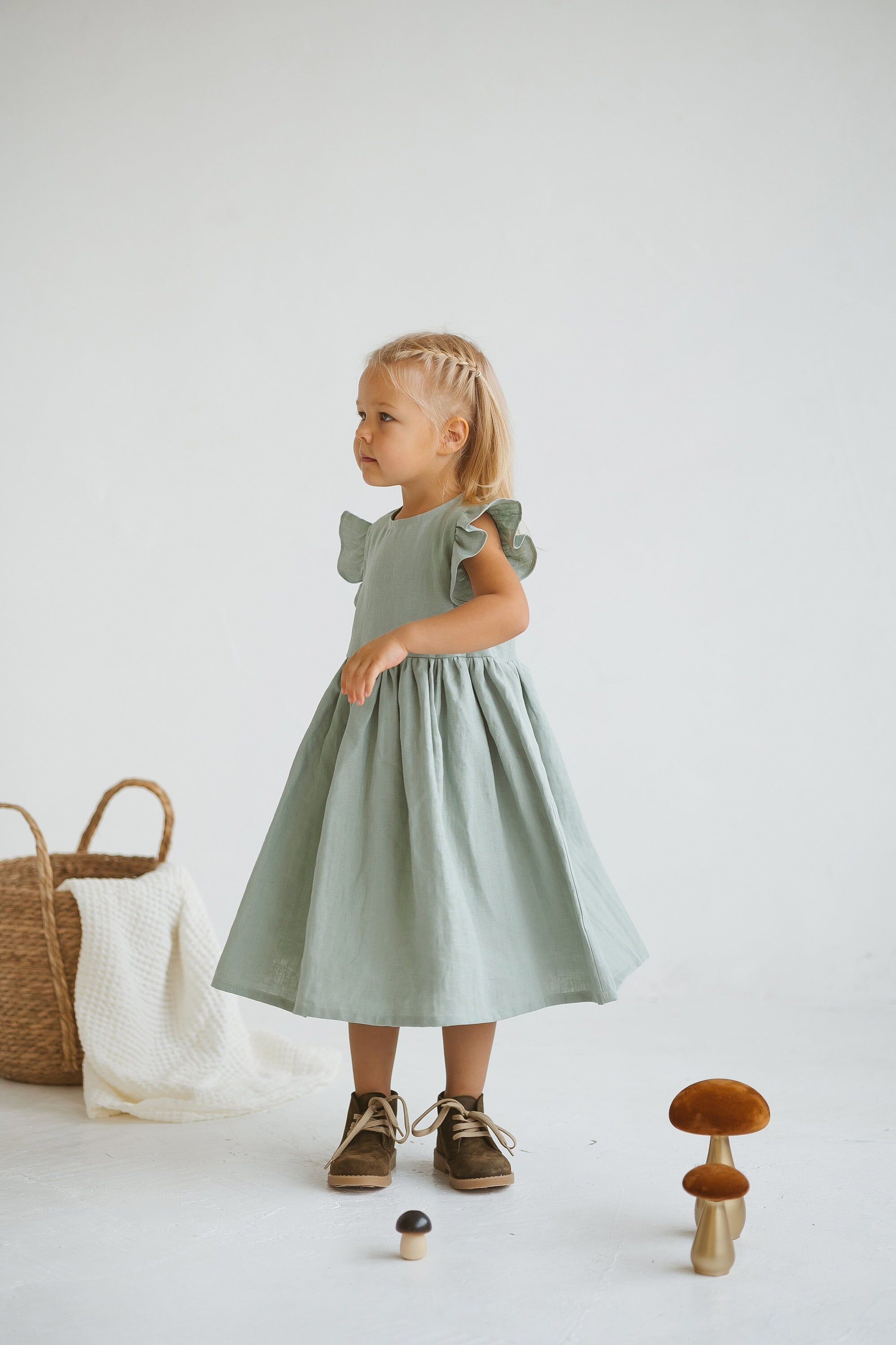Sage Linen Girls Dress