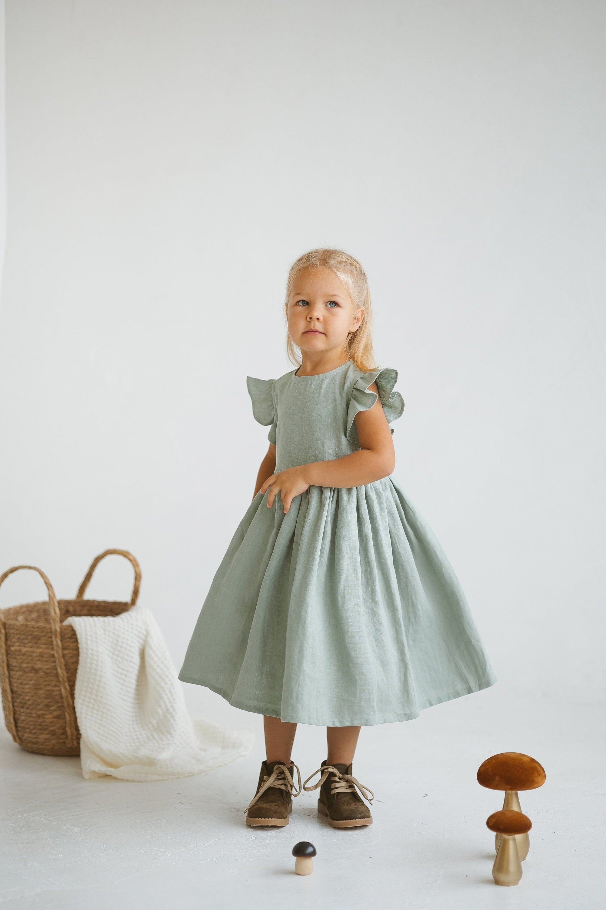 Sage Linen Girls Dress With Ruffles Sage Linen Girls Dress With Ruffles