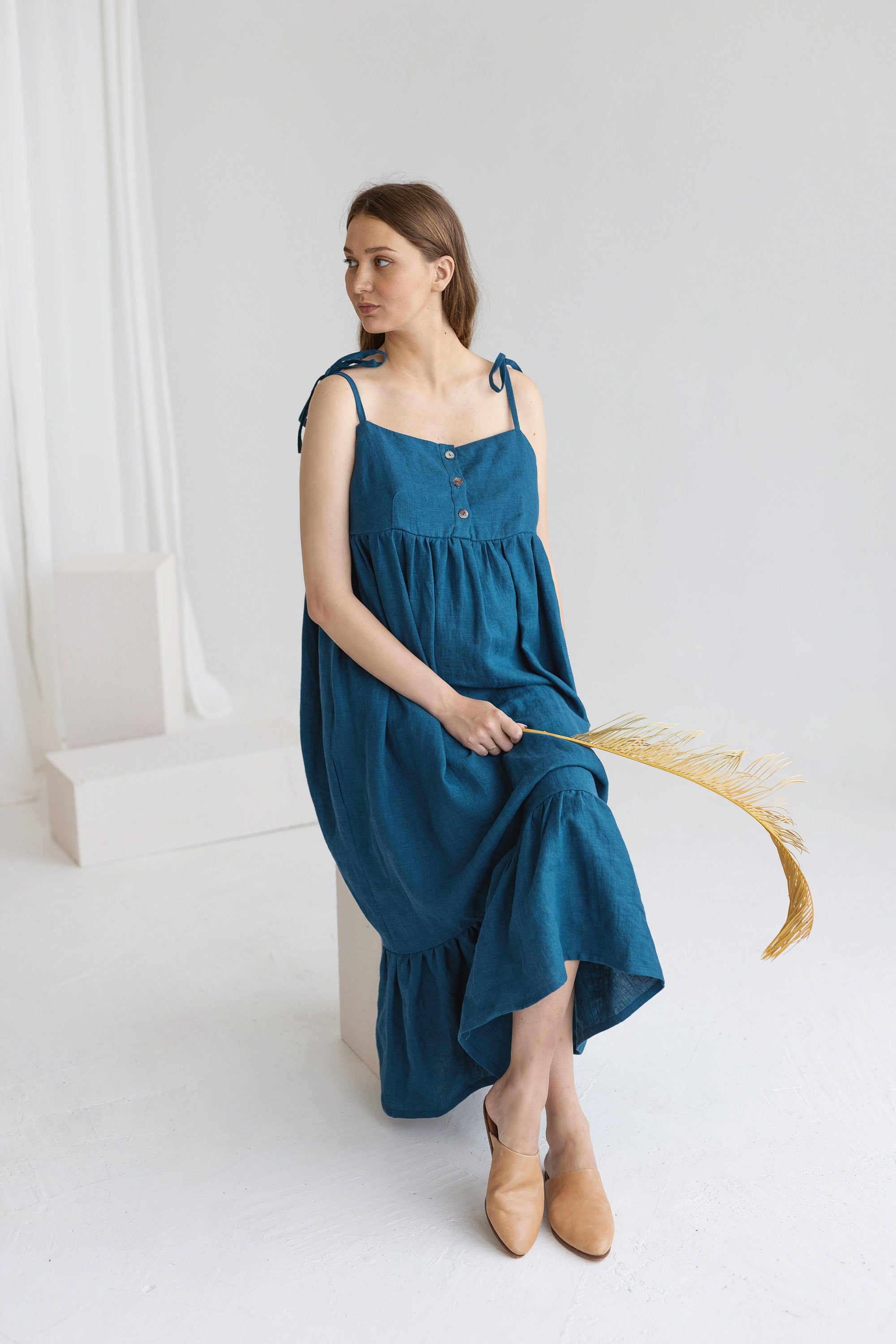 Dark Teal Linen Maternity Dress
