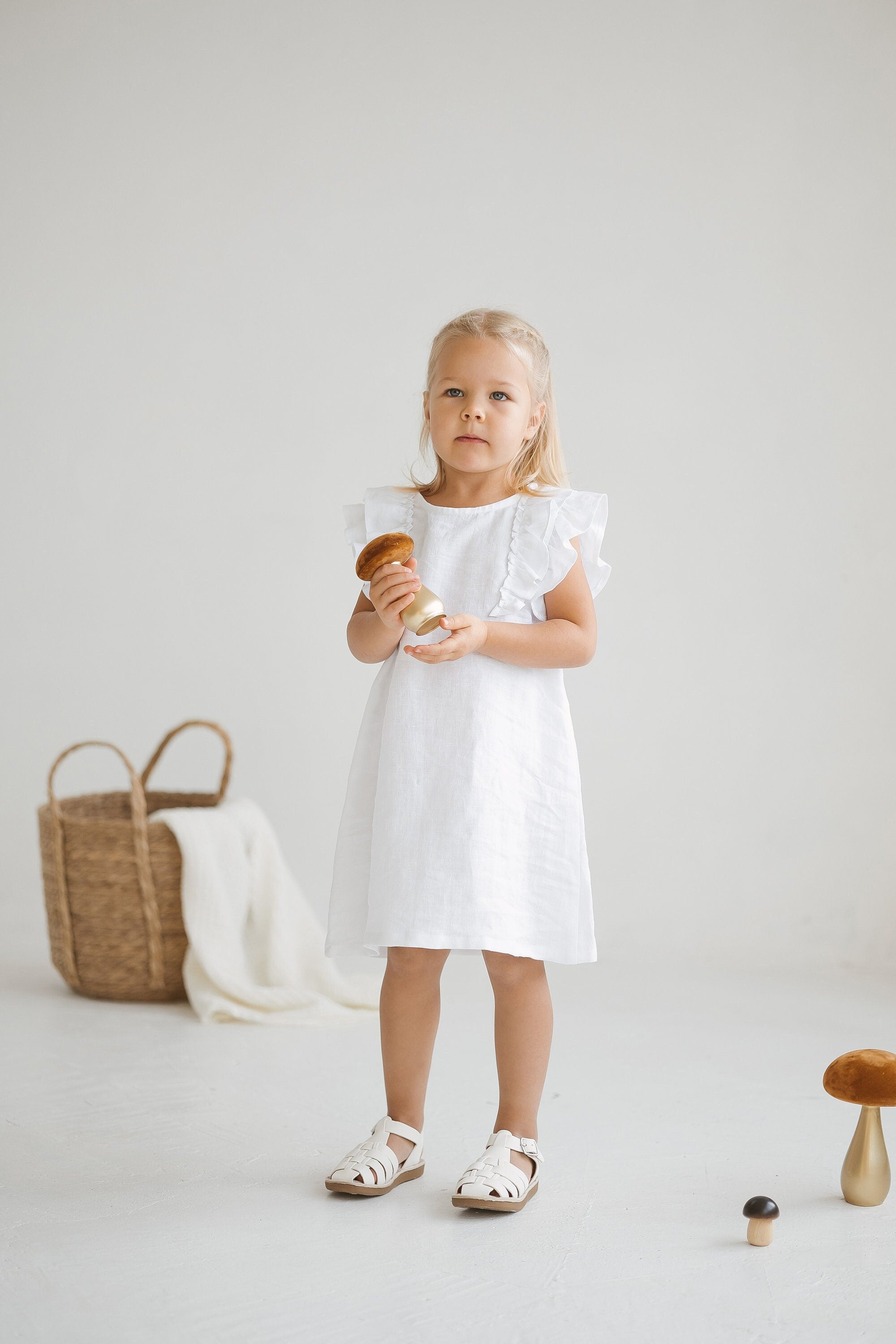 knee length dresses for ladies Girls White Linen Dress main image 0