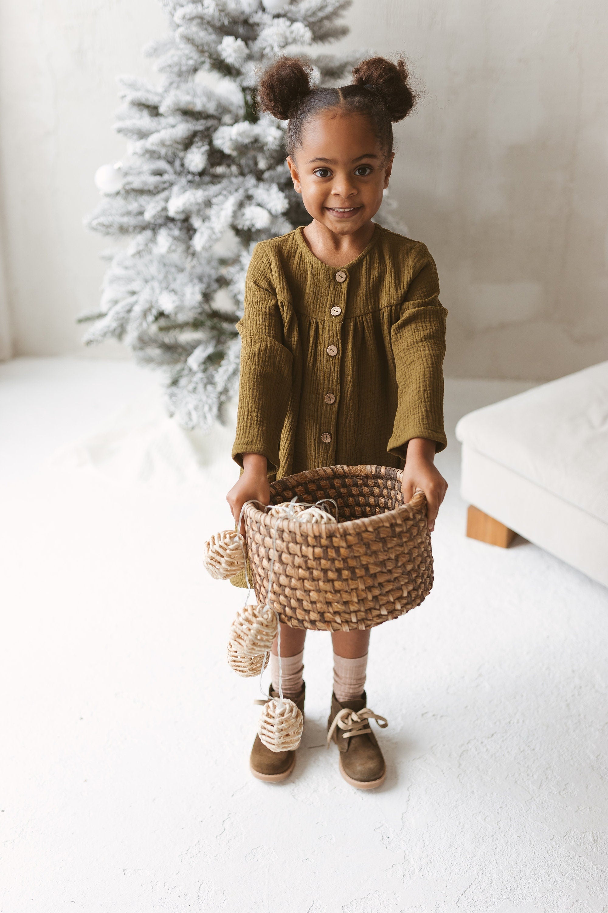 Olive Green Muslin Girls Dress