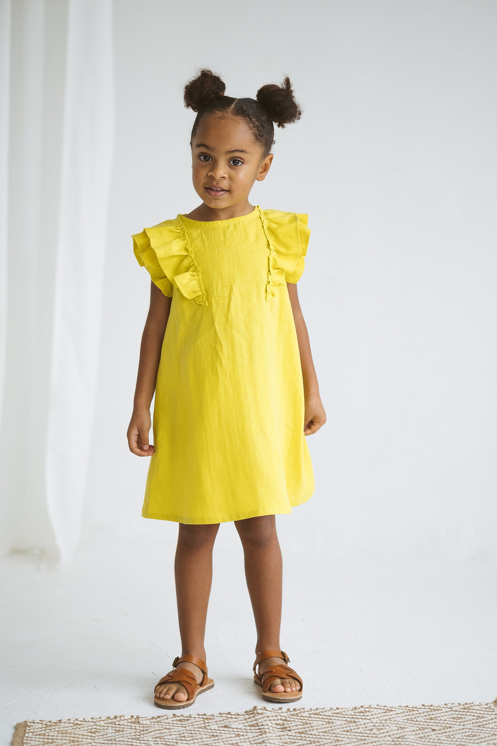 Chartreuse Yellow Linen Girls Dress