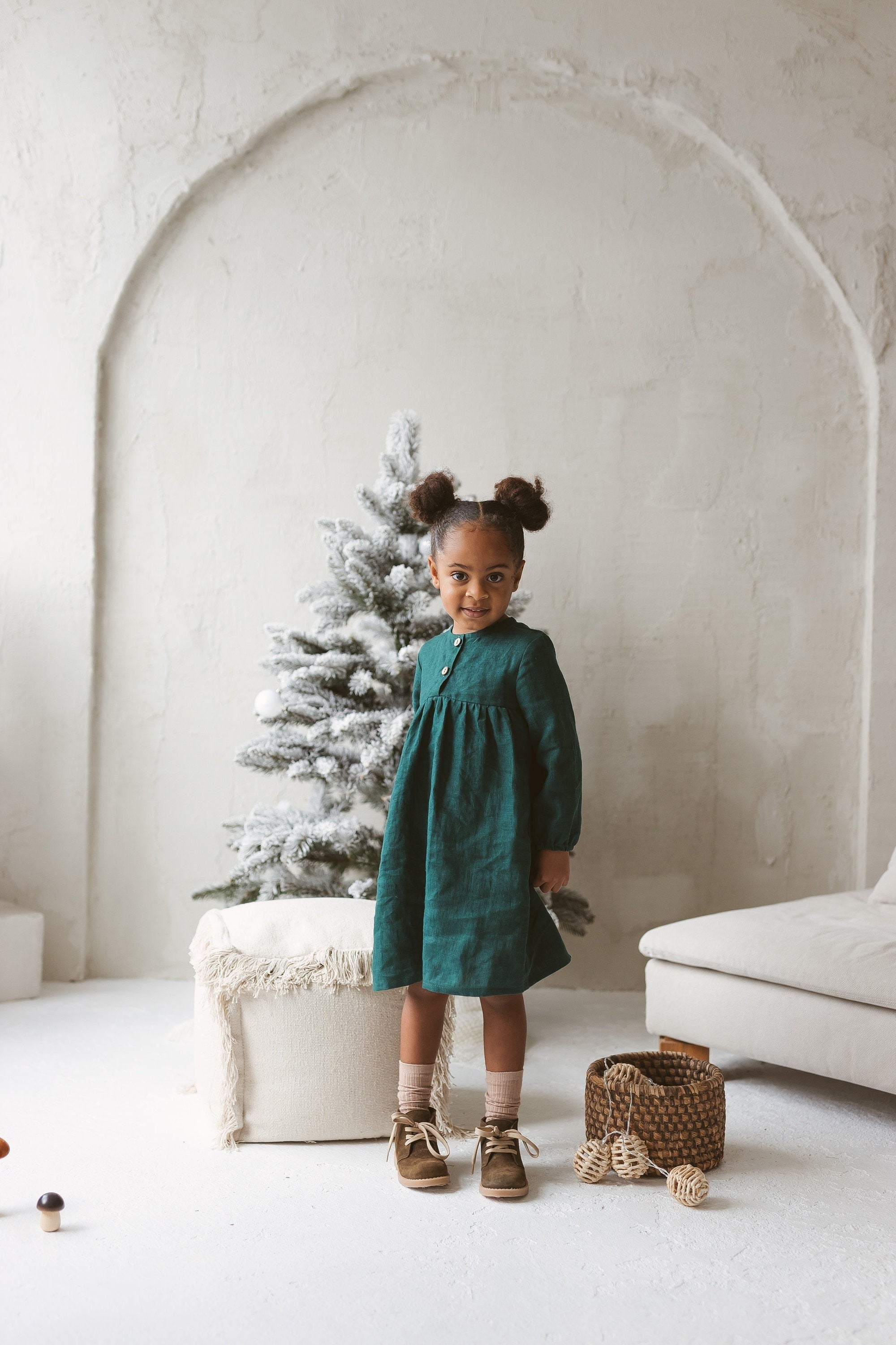 Emerald Linen Girls Dress
