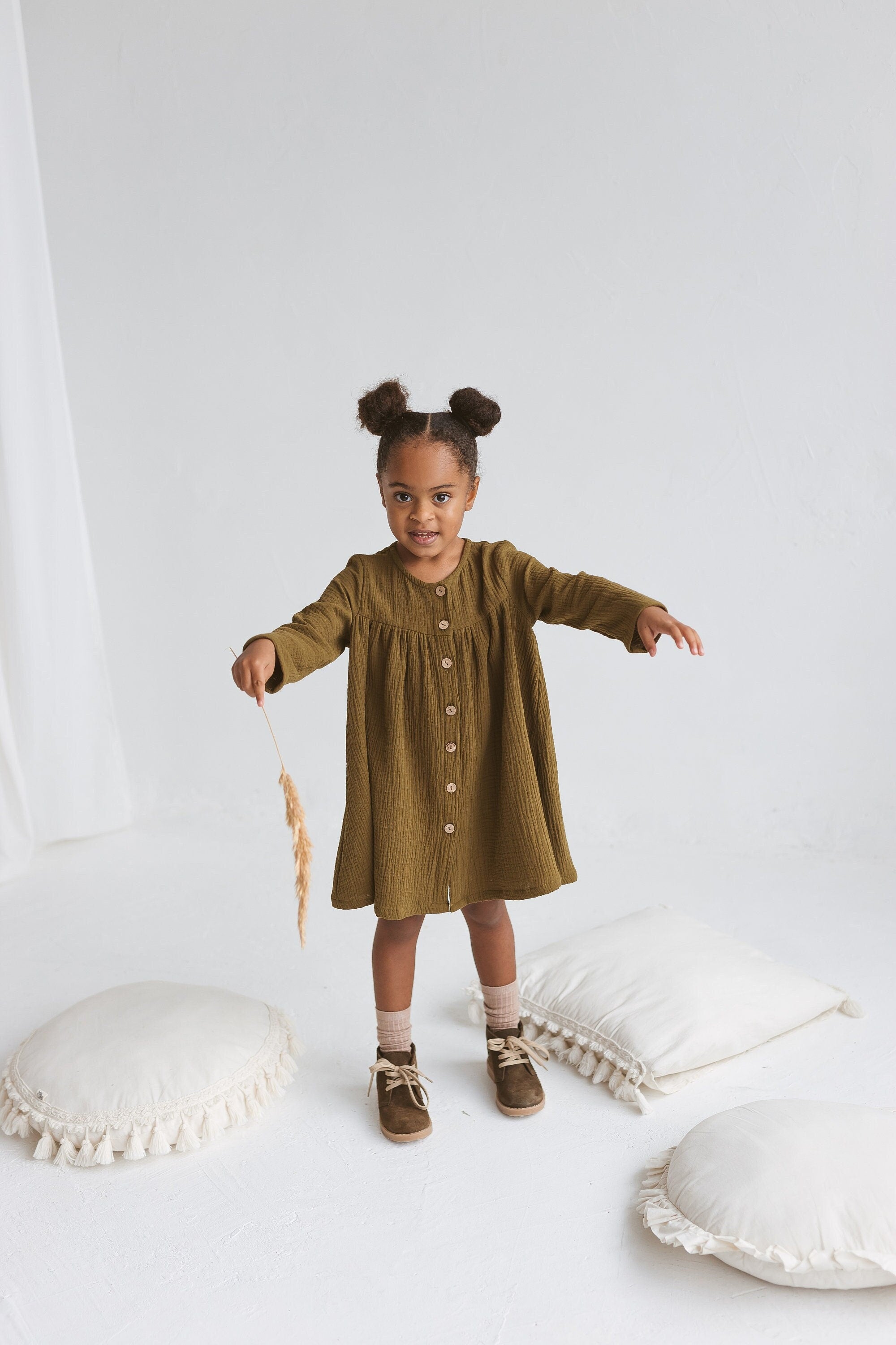 Olive Green Muslin Girls Dress Olive Green Muslin Girls Dress