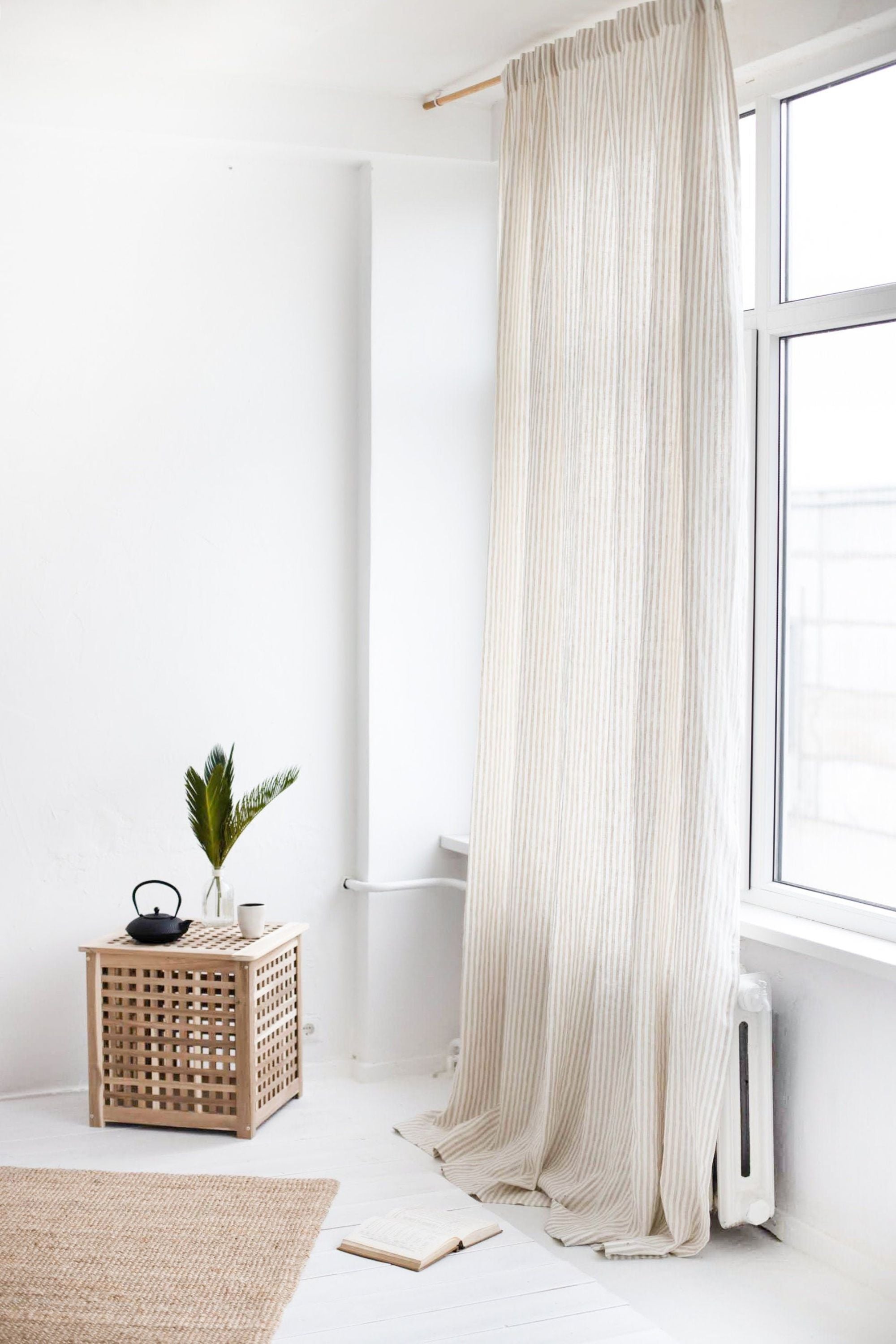 86.6"/220 Cm Width Natural Striped Linen Curtain Edit alt text
