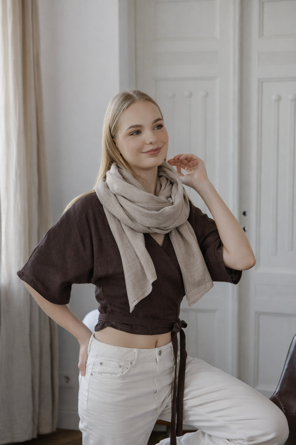 lightweight beige linen scarf