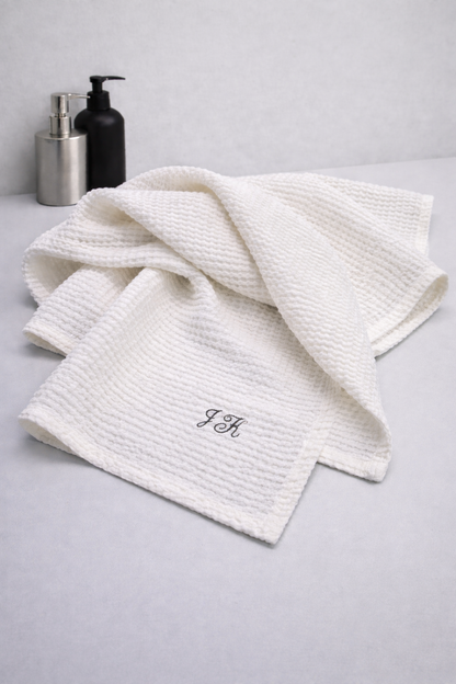 Waffle Linen–Cotton Bath Towel with personalized initials