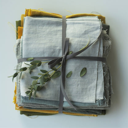 Linen scraps bundle of gingham checks and various solid colors