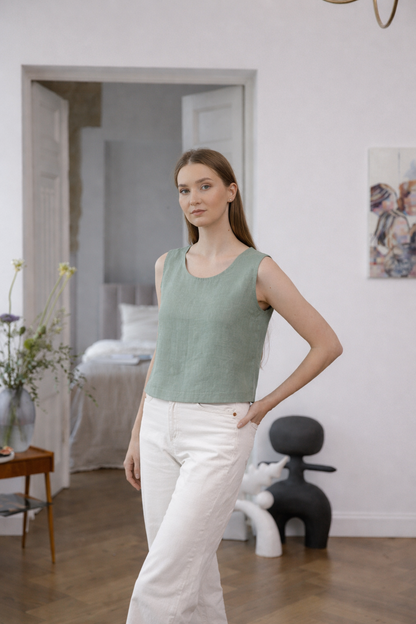 Sage linen crop top