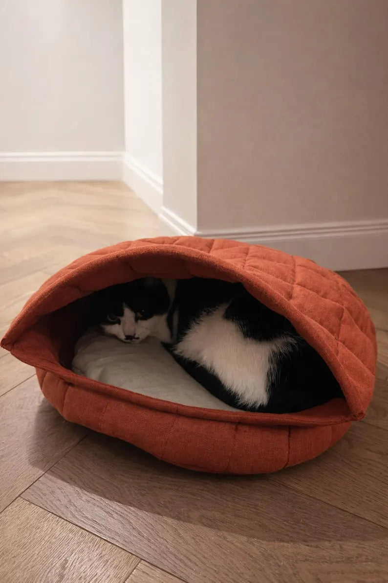 rust linen cat cave bed
