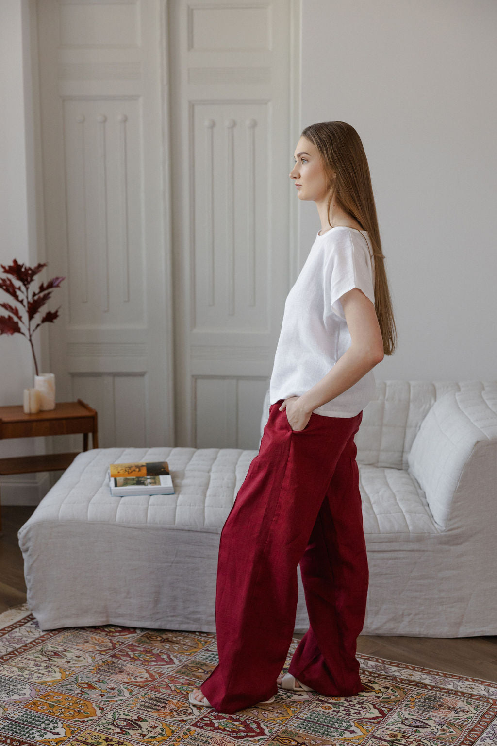 Berry Red Linen Pants With Crease