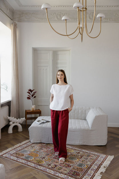 Berry Red Linen Pants With Crease