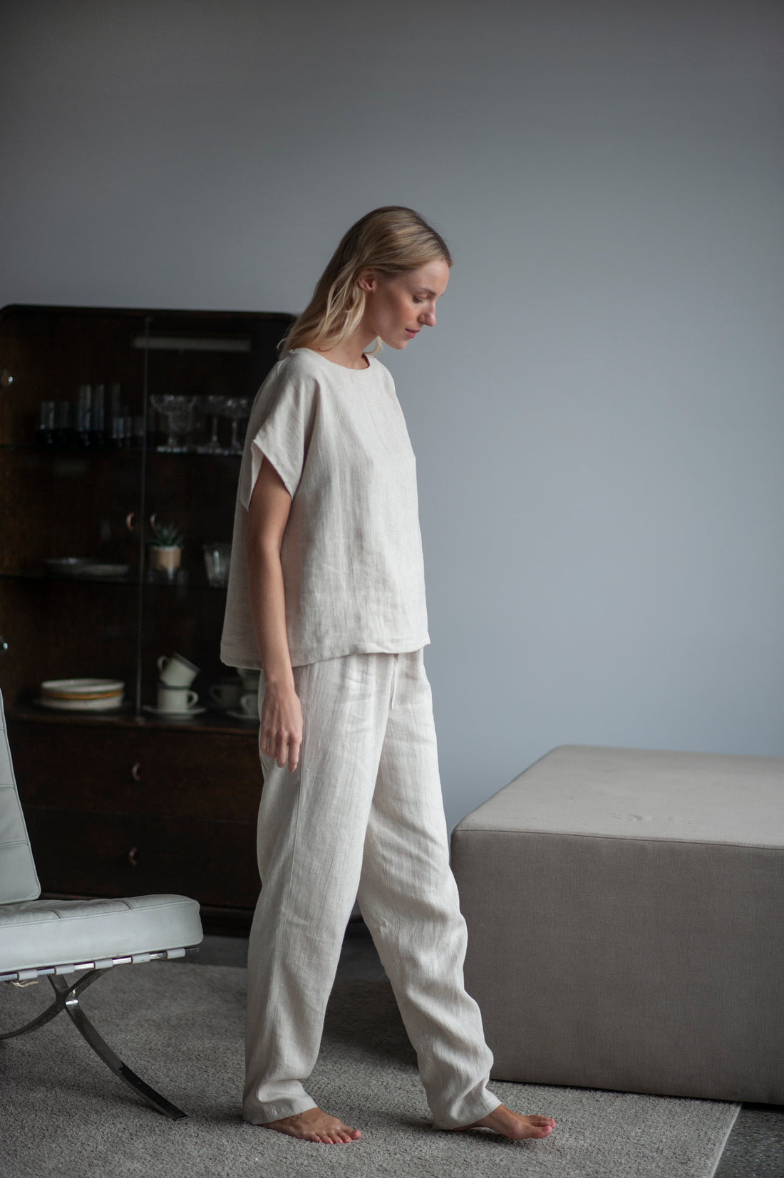 Natural Light Linen Pajama Pants And Top