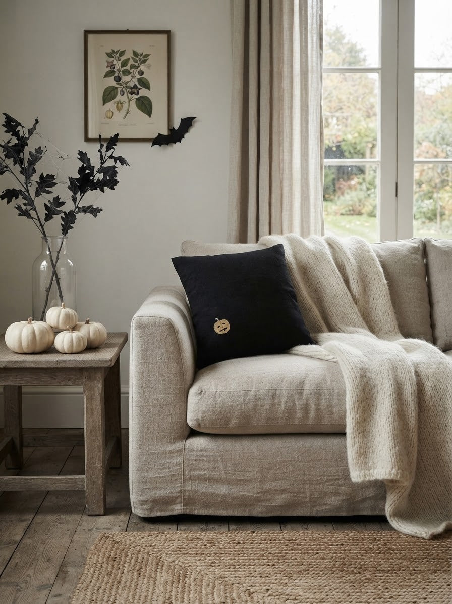 black halloween pillow with pumpkin