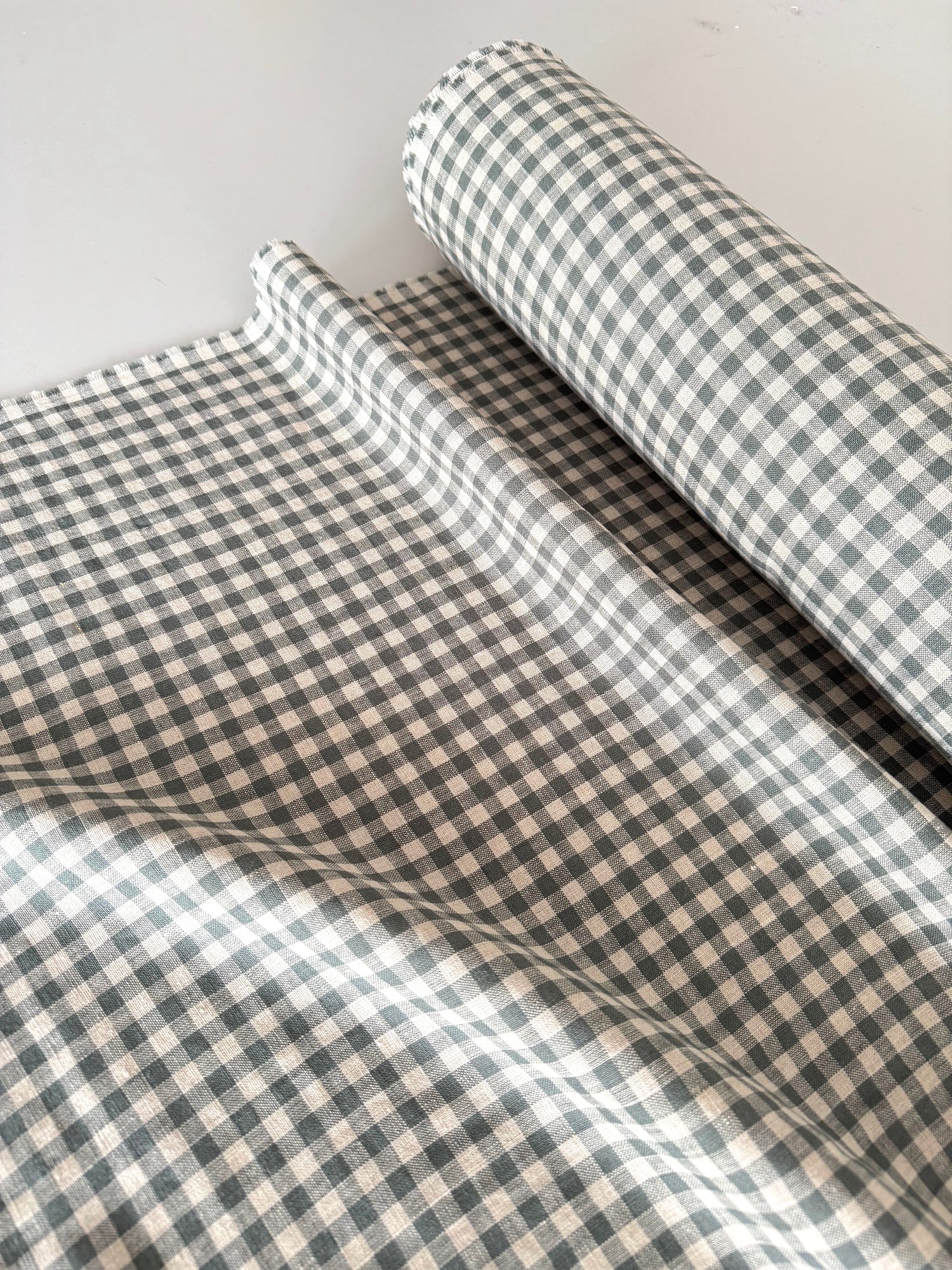 Gray green gingham linen fabric
