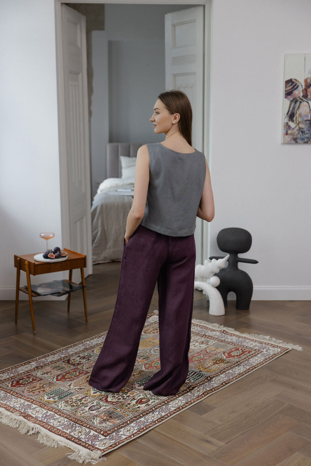 Plum Wide-Leg Linen Pants