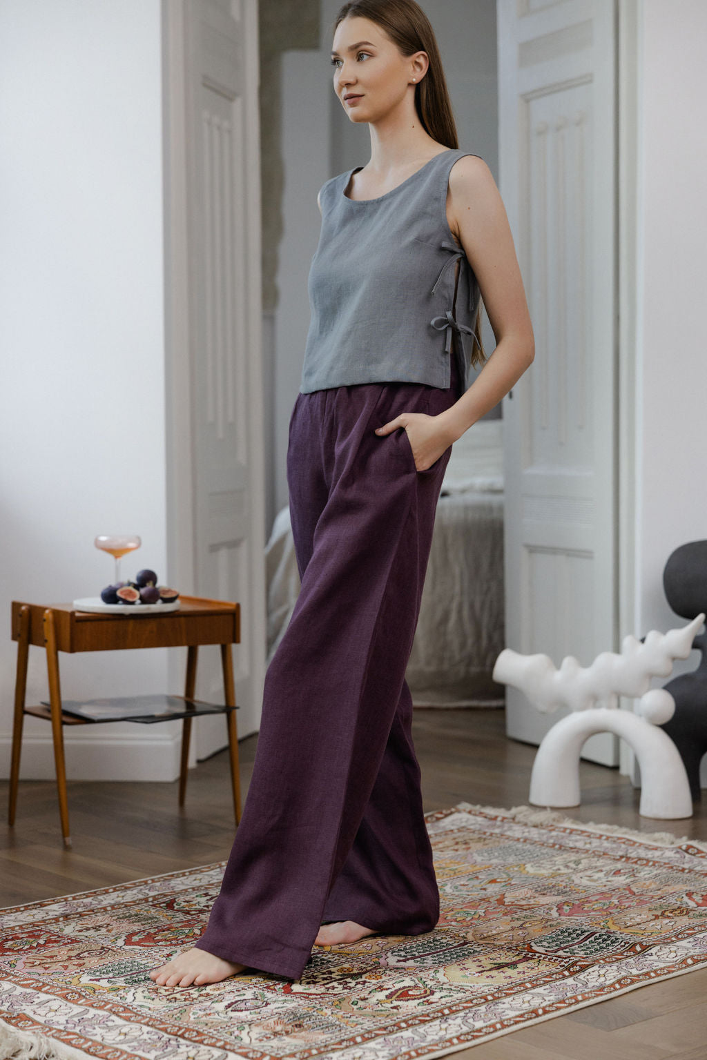 Plum Wide-Leg Linen Pants