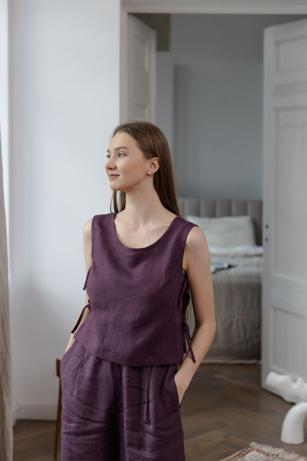 Plum Wide-Leg Linen Pants