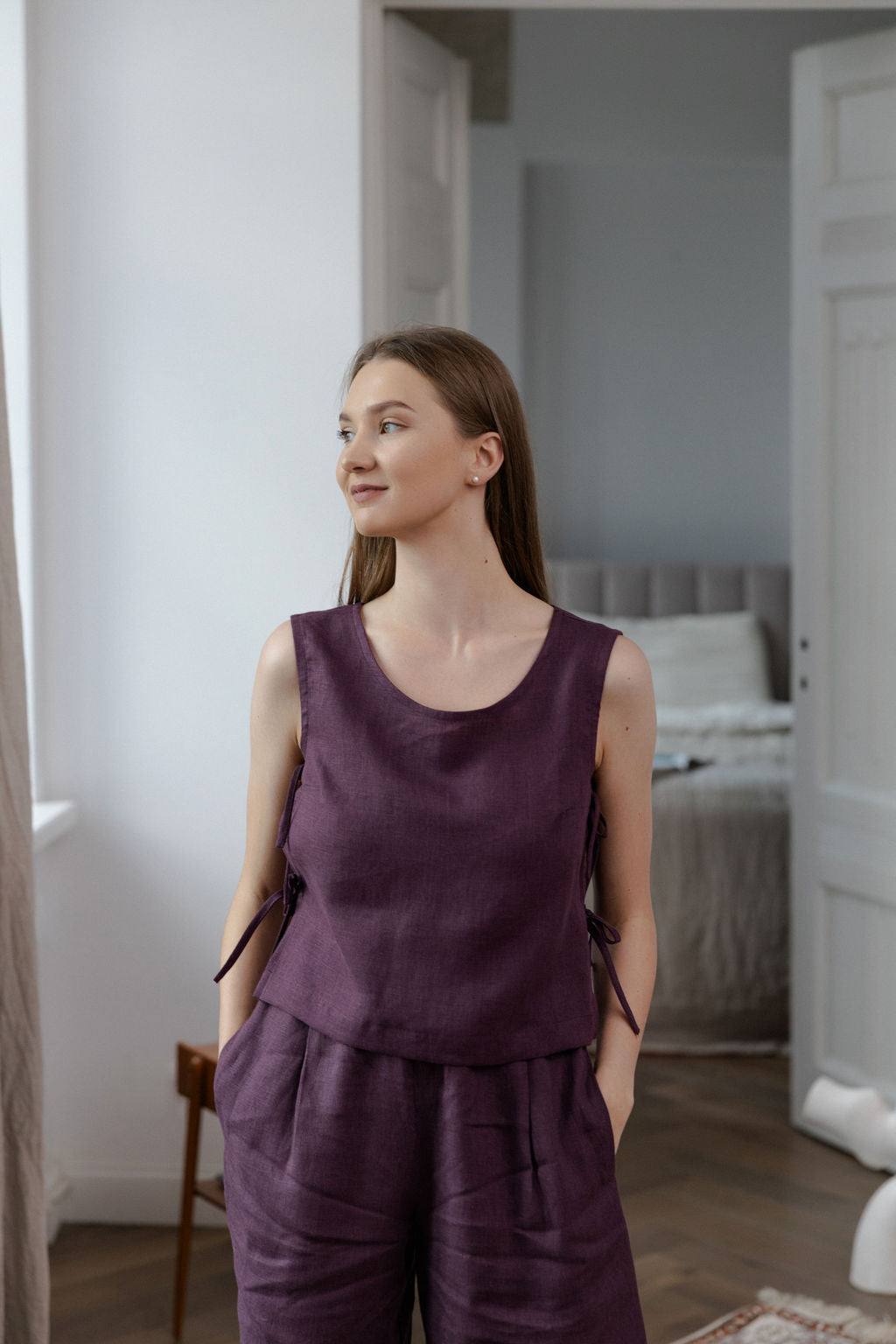 Plum Linen Crop Top With Side Ties