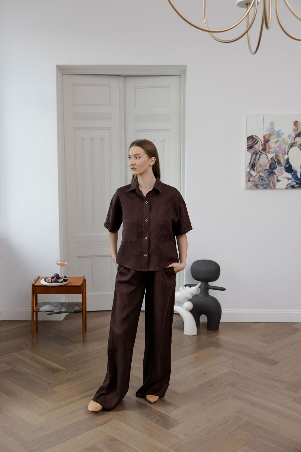 brown linen wide-leg pants