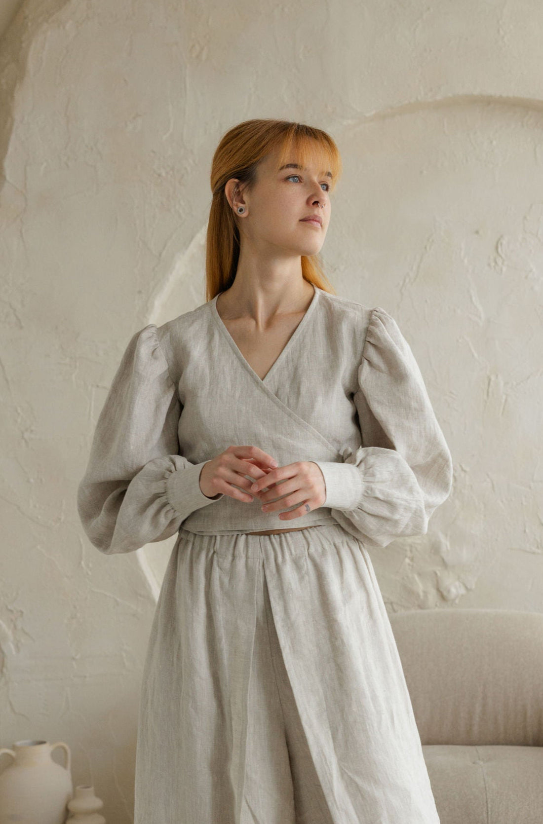 linen women blouse with puff sleeves