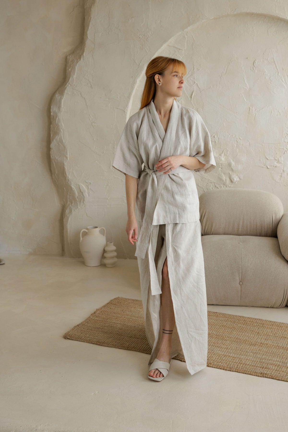 Natural Light Linen Kimono And Pants Set