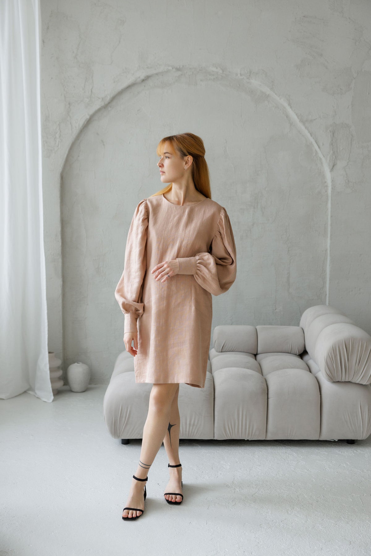 linen dress with puff sleeves