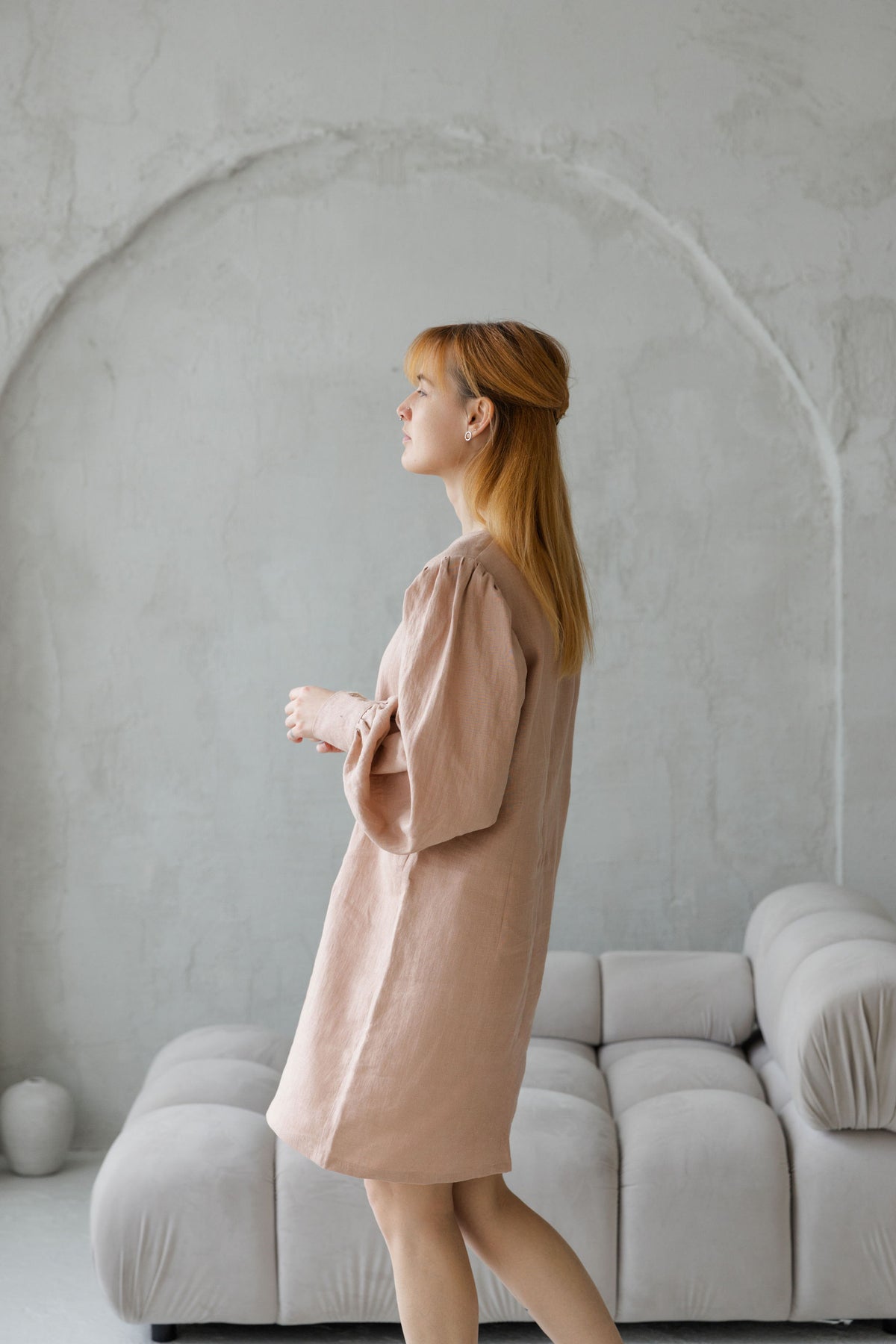 linen dress with puff sleeves