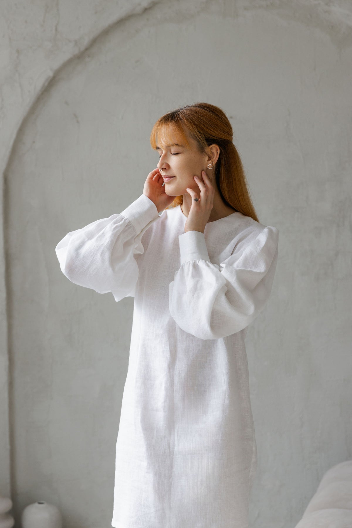 white linen dress with puff sleeves
