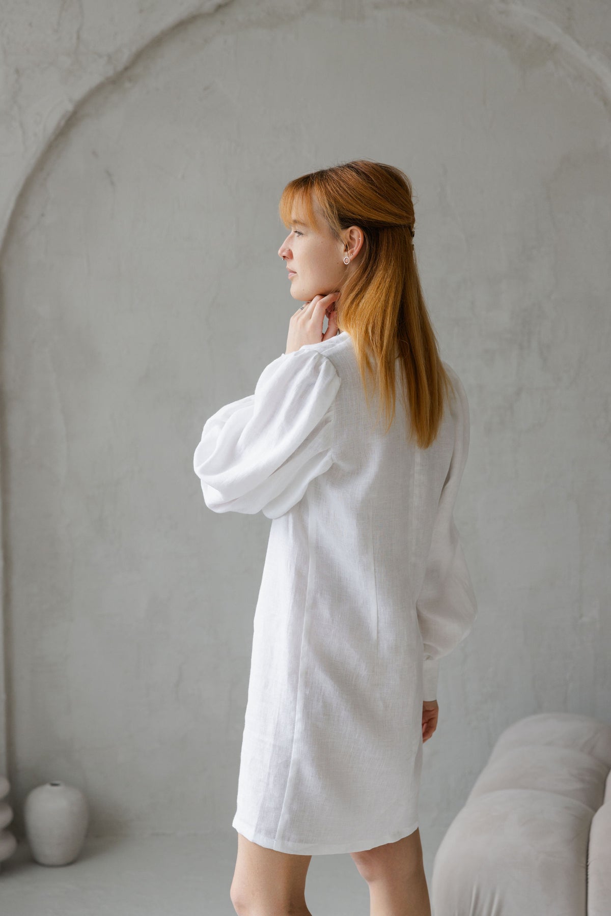 white linen dress with puff sleeves