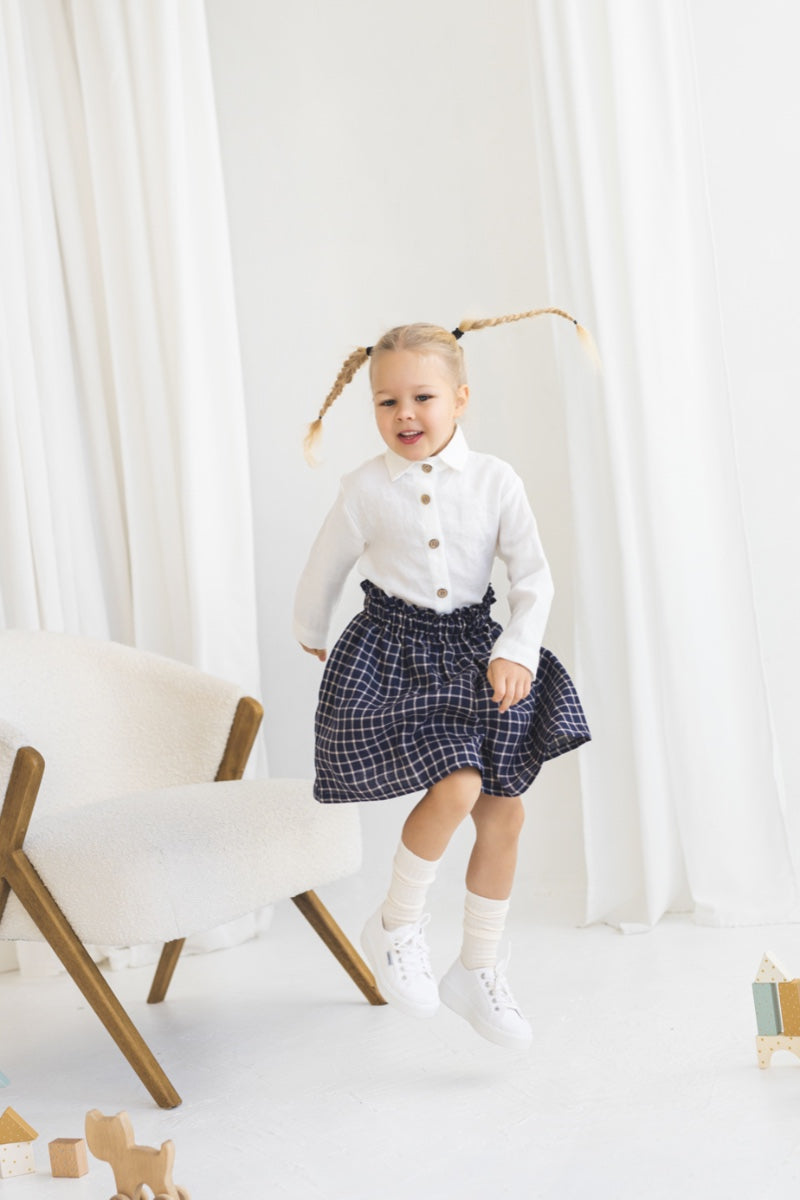 Denim Blue Checks Linen Girls Skirt