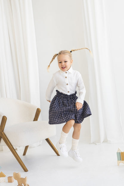 Denim Blue Checks Linen Girls Skirt