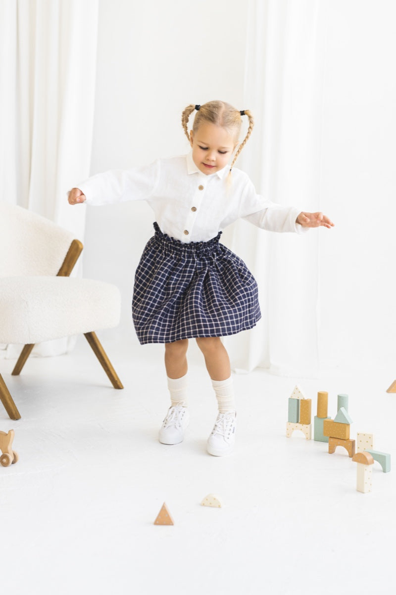Denim Blue Checks Linen Girls Skirt