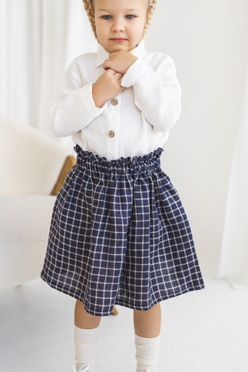 Denim Blue Checks Linen Girls Skirt