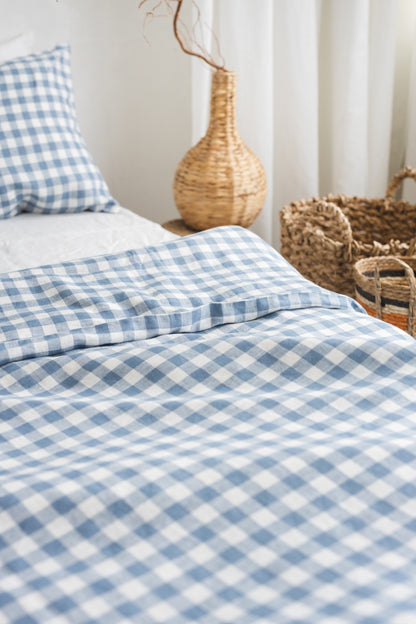 Gingham blue linen bedding set