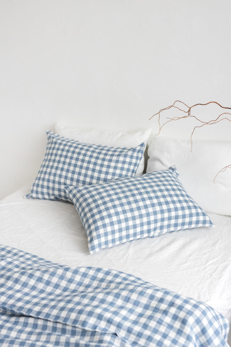 Gingham linen bedding set